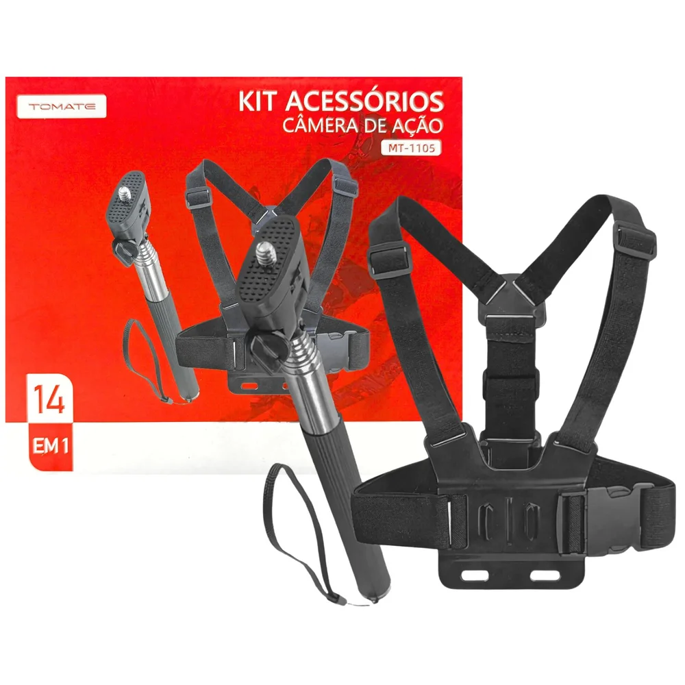 Kit Acessórios Câmera De Ação Viagens E Atividades Ao Ar Livre Inclui Tira De Peito E Faixa De Cabeça - Tomate 14 in 1