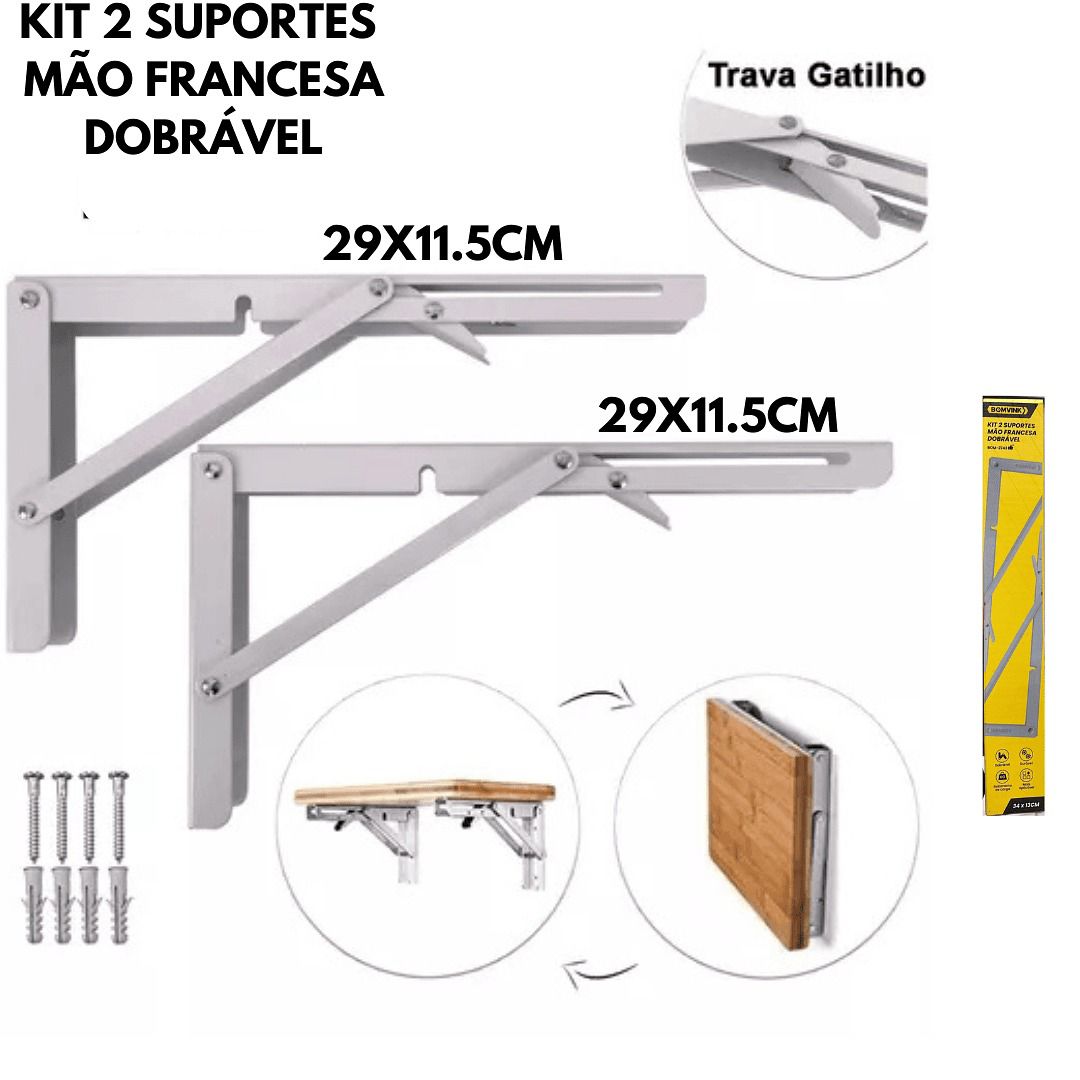 Kit 2 Suportes Mão Francesa Dobrável Retrátil Reforçada Até 60kg 11.5x 29cm