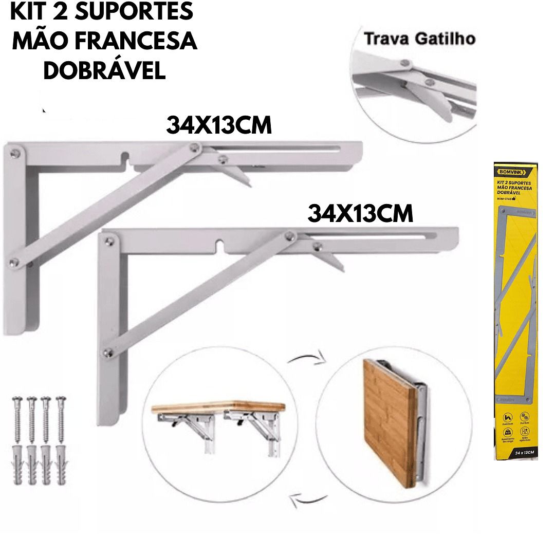 Kit 2 Suporte Mão Francesa Dobrável 34x13cm