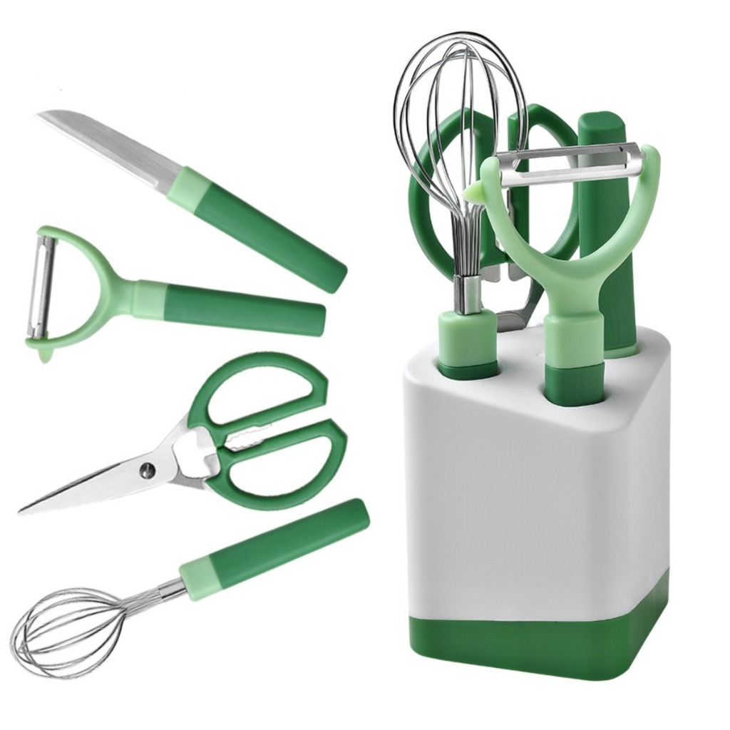 KIT 4 Conjunto de Utensílios de Cozinha Tesoura Faca Batedor Descascador e Suporte H’Maston DJ10