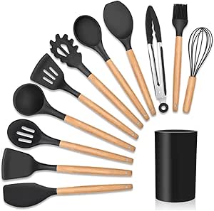 Kit 12 Utensílios De Cozinha Em Silicone E Cabo De Madeira Jogo De Utensílios Resistente