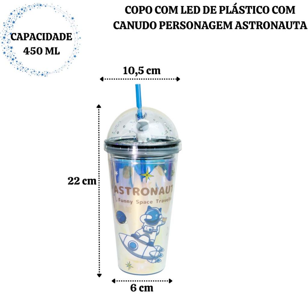 Copo Com Led Plástico e Canudo Astronauta 450ml