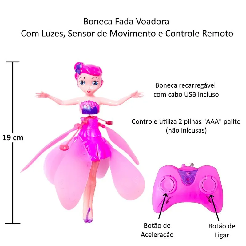 Boneca Fada Madrinha Que Voa Controle Remoto -usb- Brinquedo