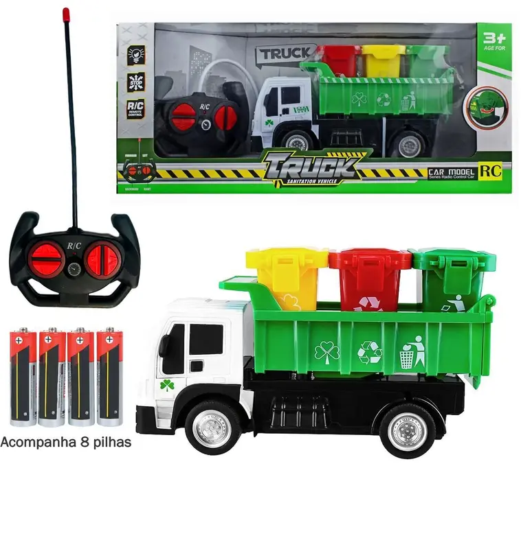 Caminhão Coletor Lixo Controle Remoto 3 Tambor Pilha - Verde - Imports Toys
